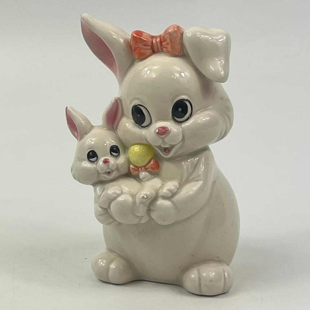 Vintage Andre Richard Japan Ceramic Bunny Cotton Ball Holder Mother Baby 5.25"